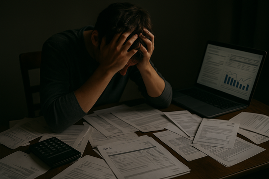 Stressed man sitting at desk with head in hands surrounded by unpaid bills, calculator, and laptop showing financial charts.